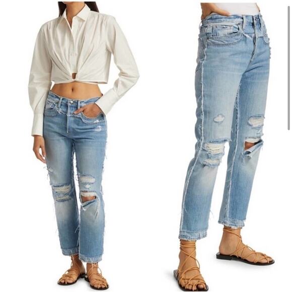 NWT FRAME Denim Layered-Look Straight Leg Distressed Jeans - Picture 2 of 8